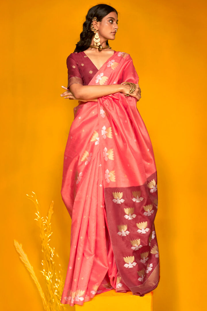 Peachy Pink Handloom Tussar Silk Saree