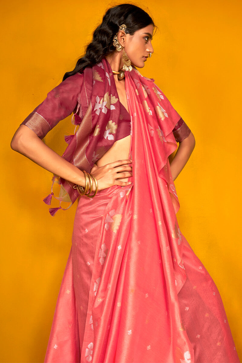 Peachy Pink Handloom Tussar Silk Saree