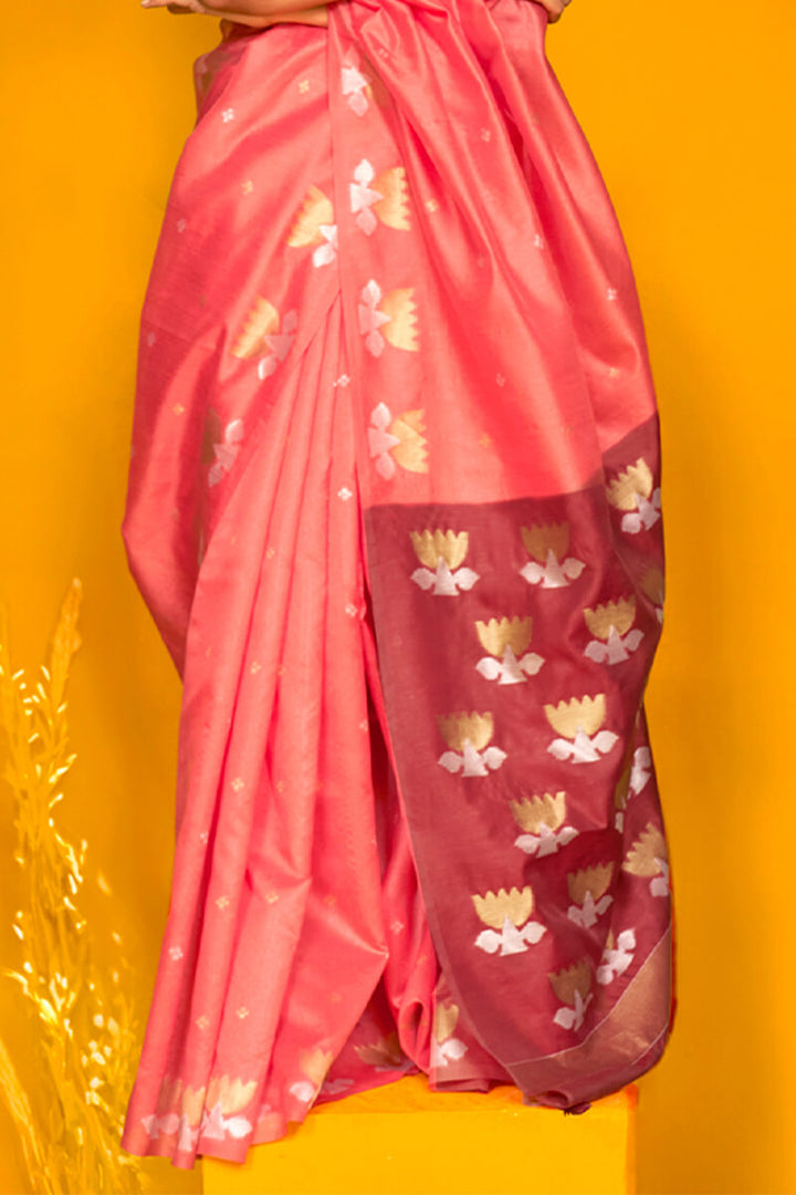 Peachy Pink Handloom Tussar Silk Saree