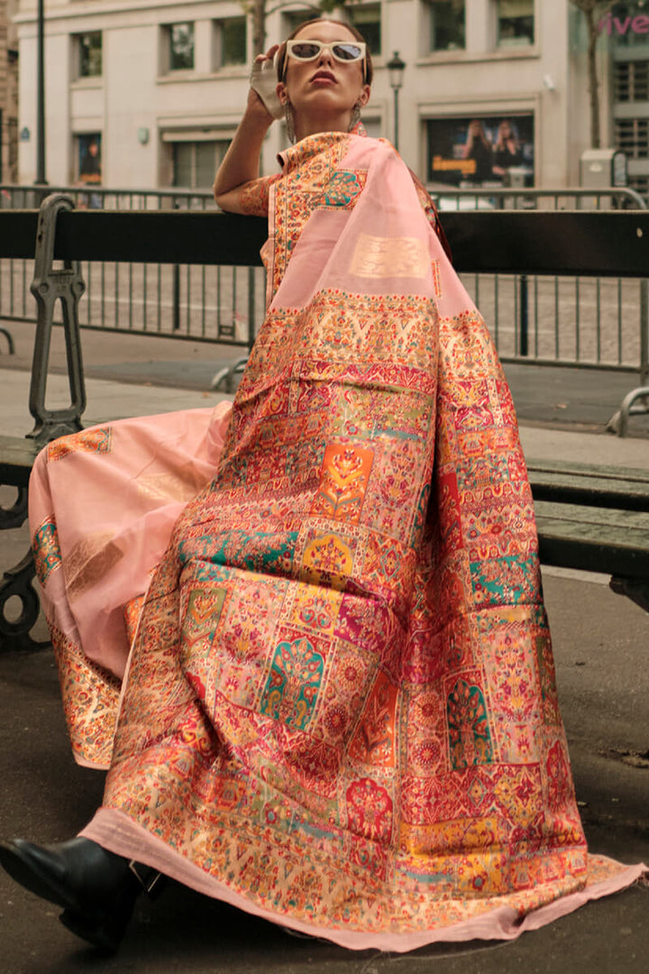 Peachy Pink Kashmiri Weaving Pashmina Silk Saree