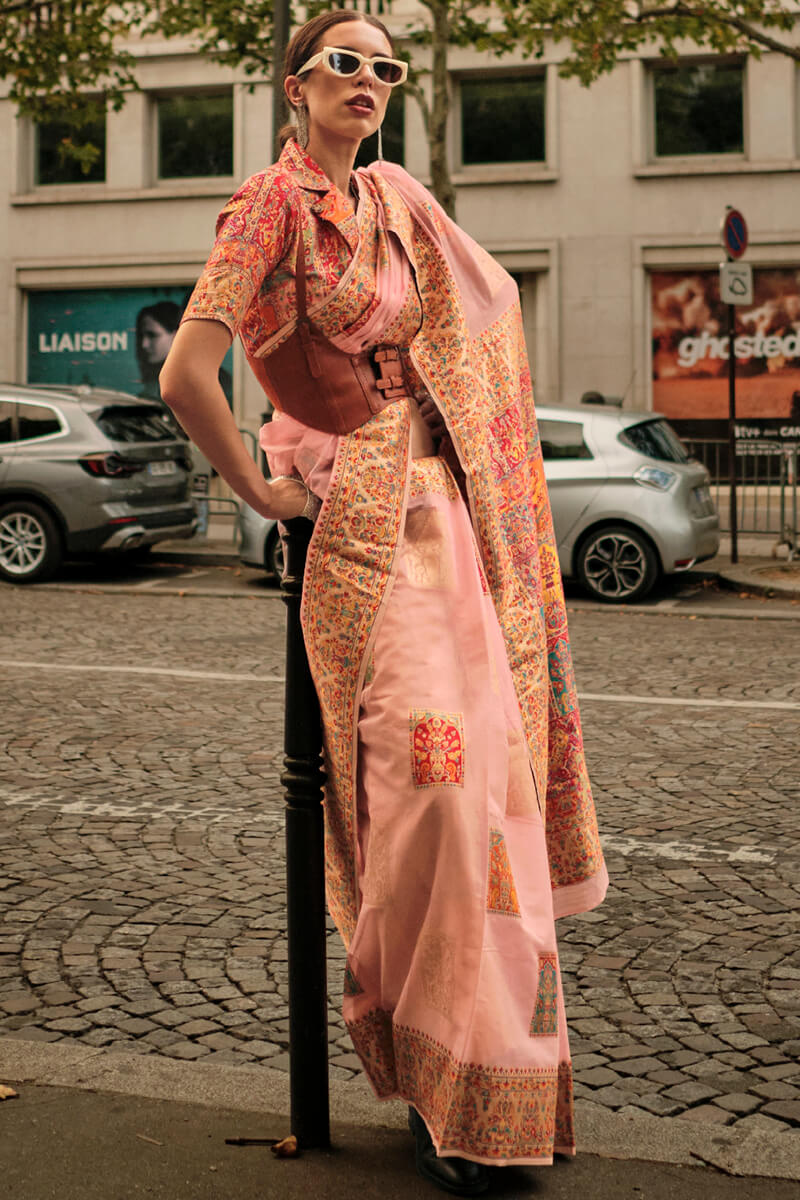 Peachy Pink Kashmiri Weaving Pashmina Silk Saree