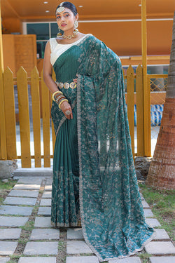 Peackock Blue Embroidered Work Soft Silk Saree