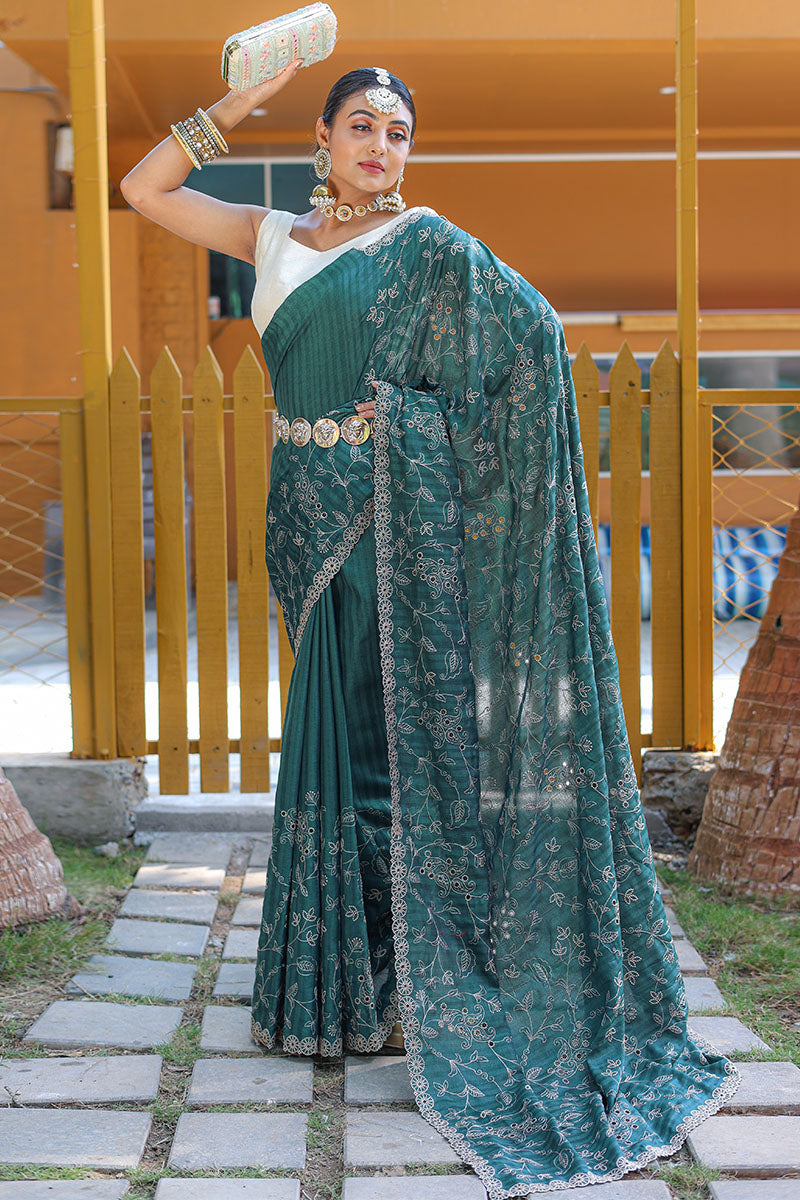 Peackock Blue Embroidered Work Soft Silk Saree