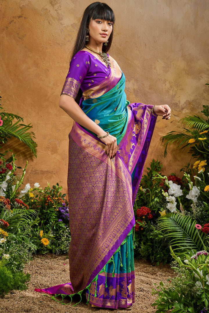 Peacock Blue Banarasi Pichwai Silk Saree