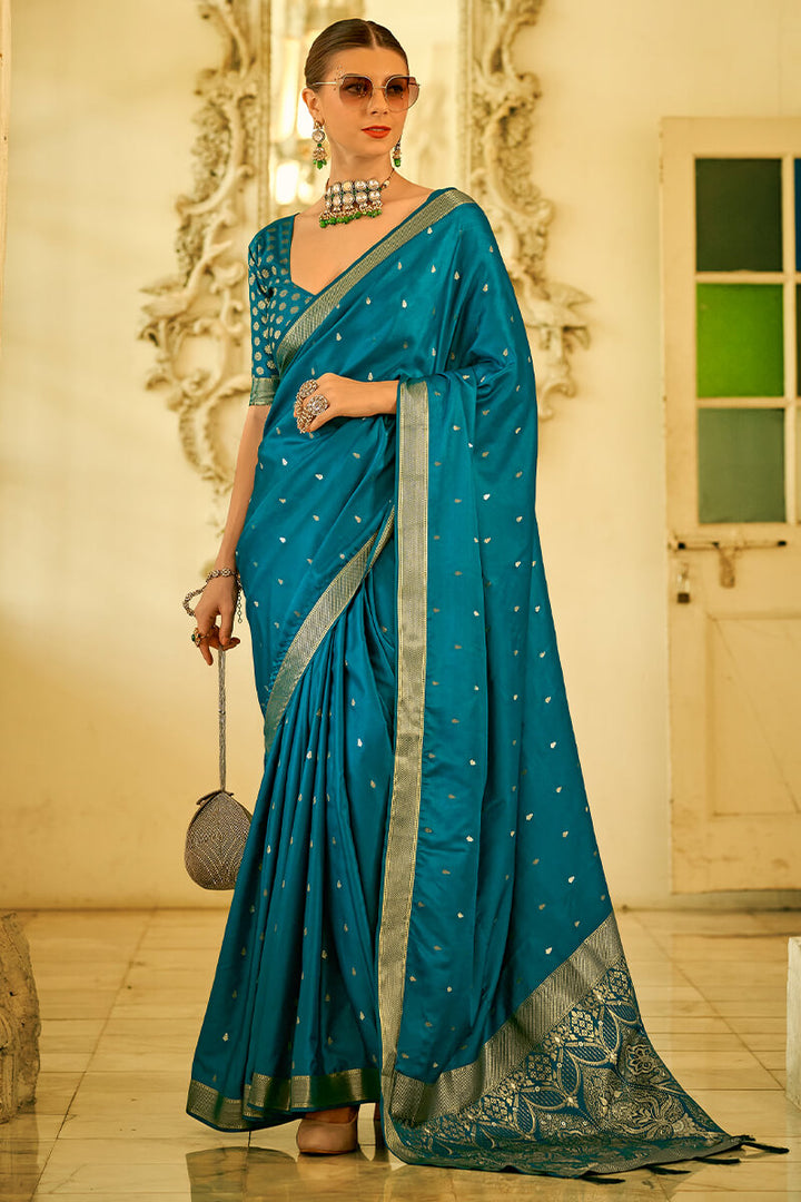 Peacock Blue Banarasi Satin Silk Saree