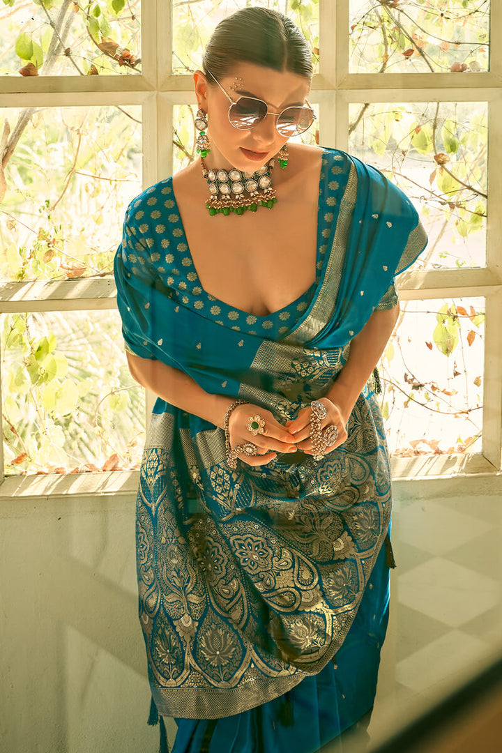 Peacock Blue Banarasi Satin Silk Saree