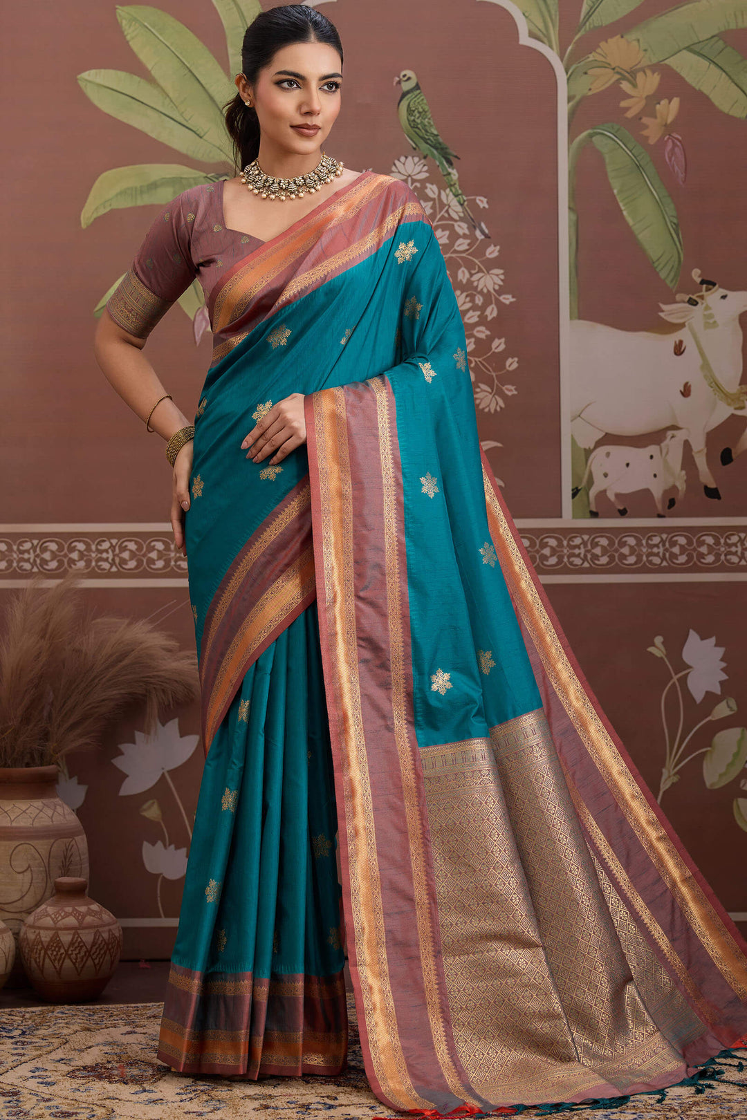 Peacock Blue Banarasi Tussar Silk Saree