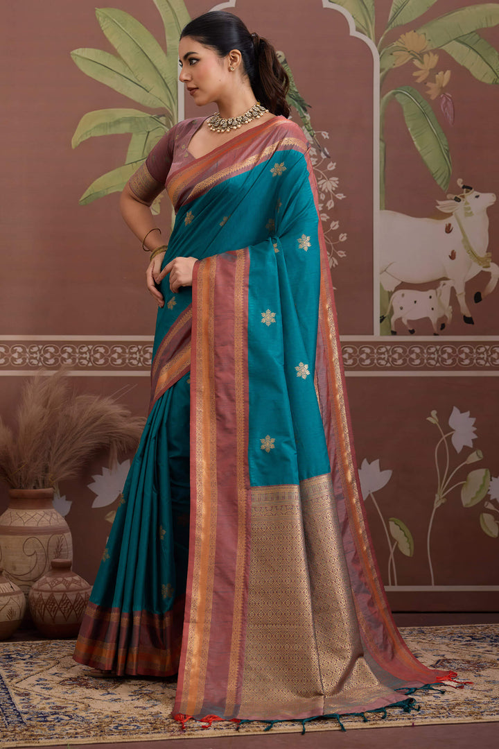 Peacock Blue Banarasi Tussar Silk Saree