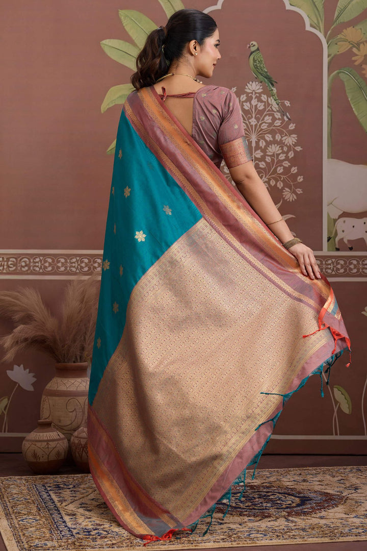Peacock Blue Banarasi Tussar Silk Saree