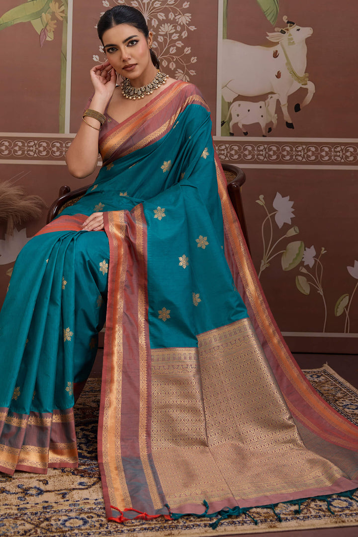 Peacock Blue Banarasi Tussar Silk Saree