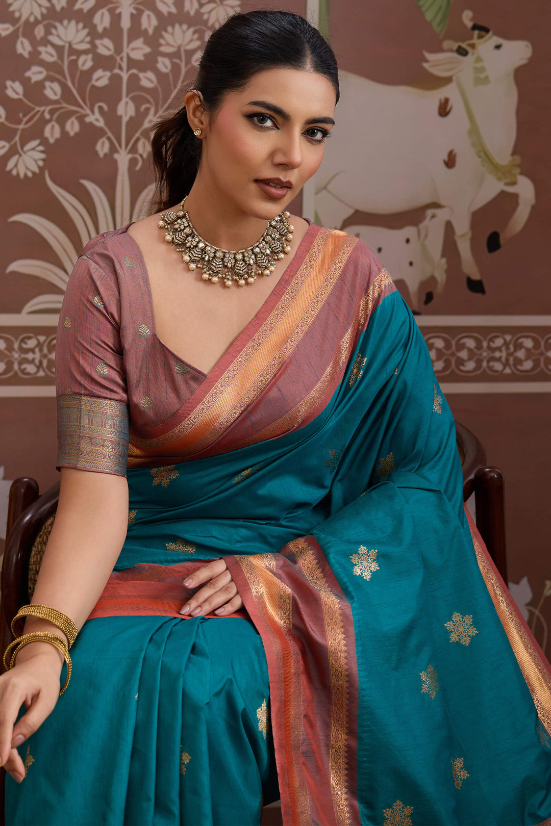 Peacock Blue Banarasi Tussar Silk Saree