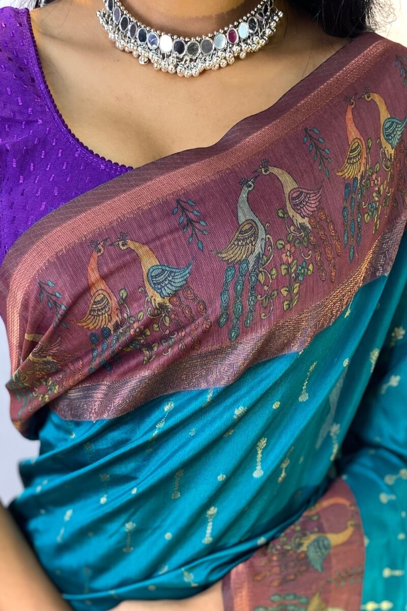 Peacock Blue Printed Soft Chanderi Silk Saree