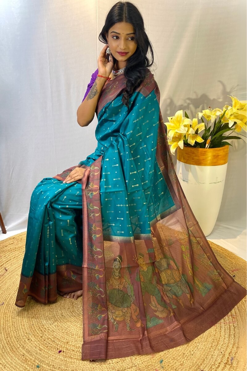 Peacock Blue Printed Soft Chanderi Silk Saree