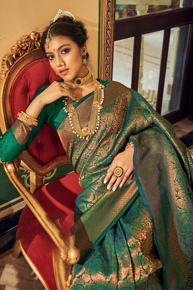 Shivangi Kasliwaal Bluish Green Handwoven Banarasi Silk Saree with  Multicolour Border 10009196 - AVISHYA.COM | Silk sarees, Blue silk saree,  Soft silk sarees