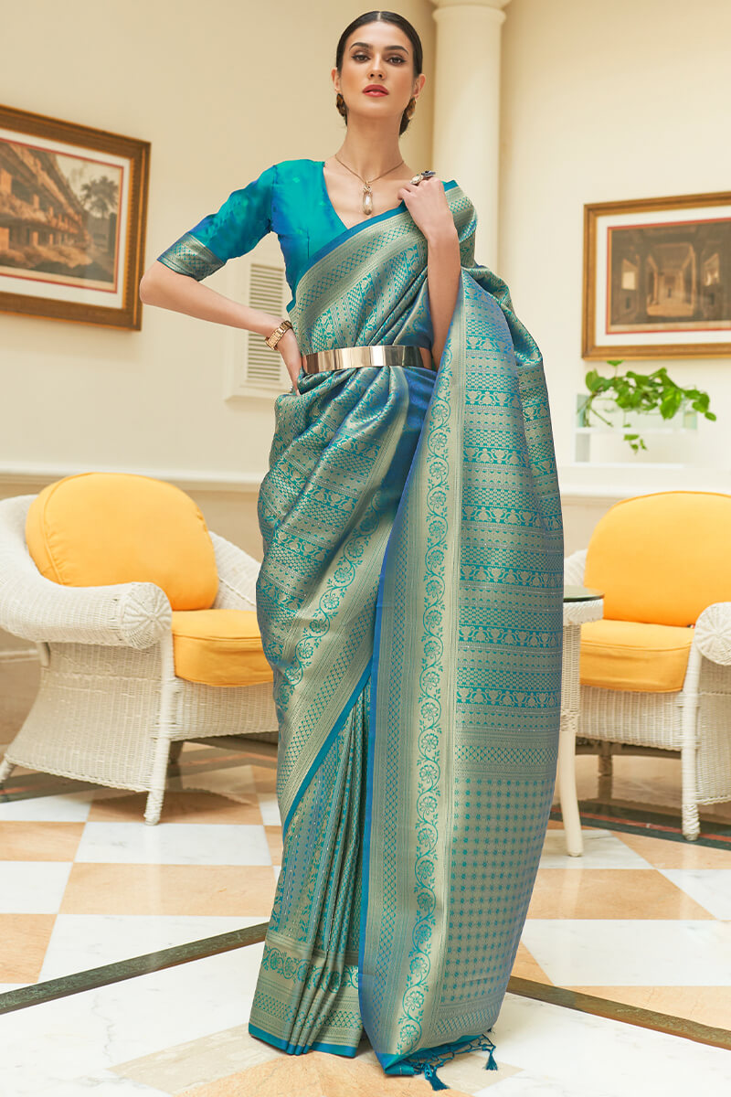 Designer Firozi Color Soft Silk Saree With Dark Blue Border and Blouse  South Indian Saree in USA, UK, Malaysia, South Africa, Dubai, Singapore