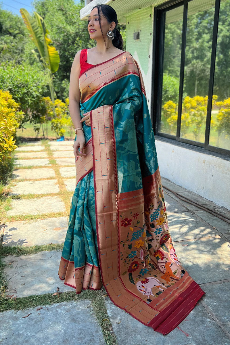 Peacock Blue Zari Woven Paithani Silk Saree