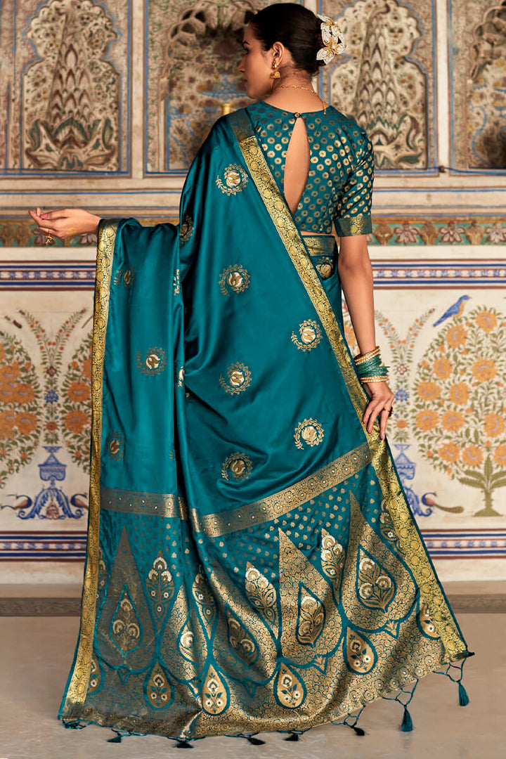 Peacock Blue Zari Woven Pure Satin Silk Saree