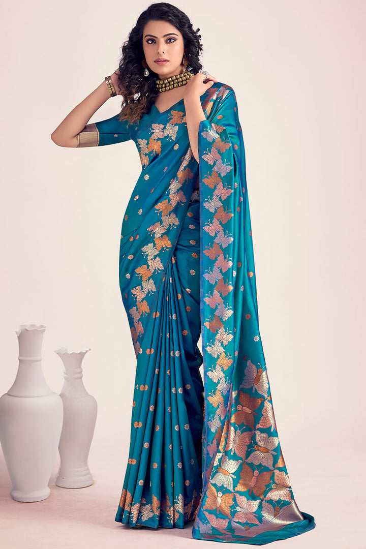 Peacock Blue Zari Woven Soft Banarasi Silk Saree