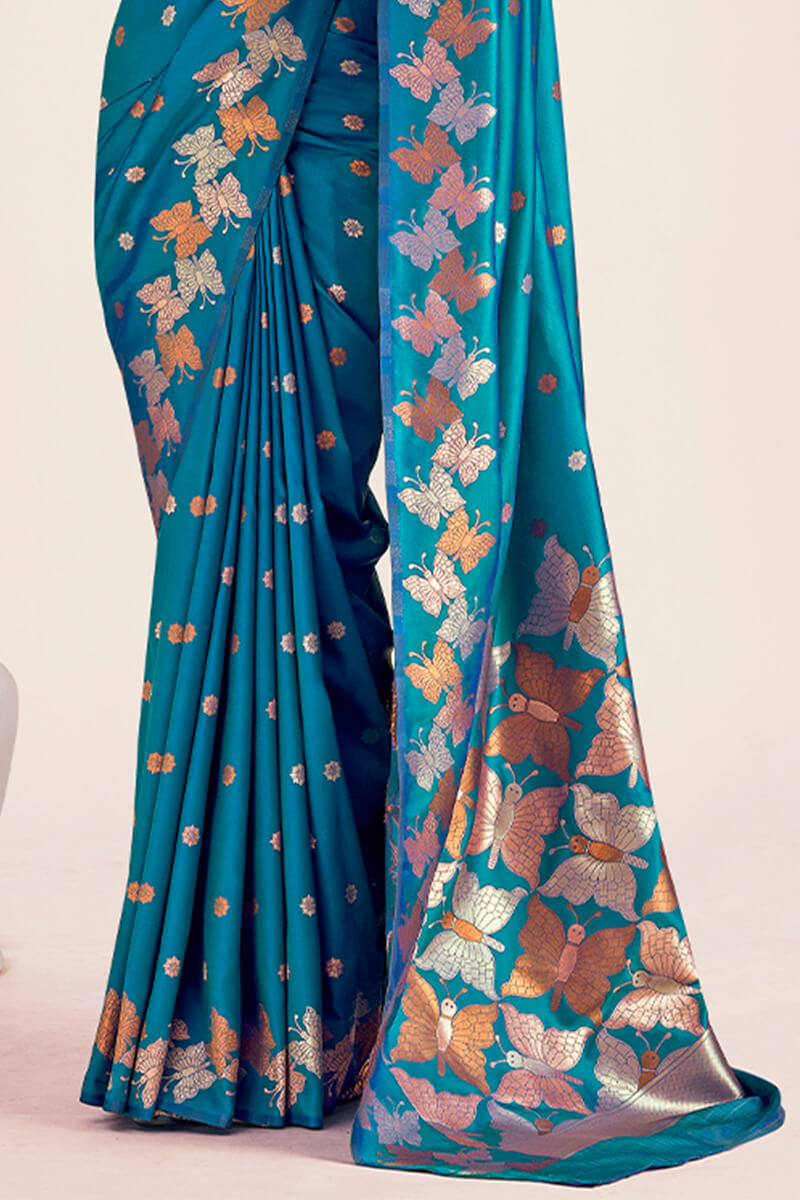 Peacock Blue Zari Woven Soft Banarasi Silk Saree