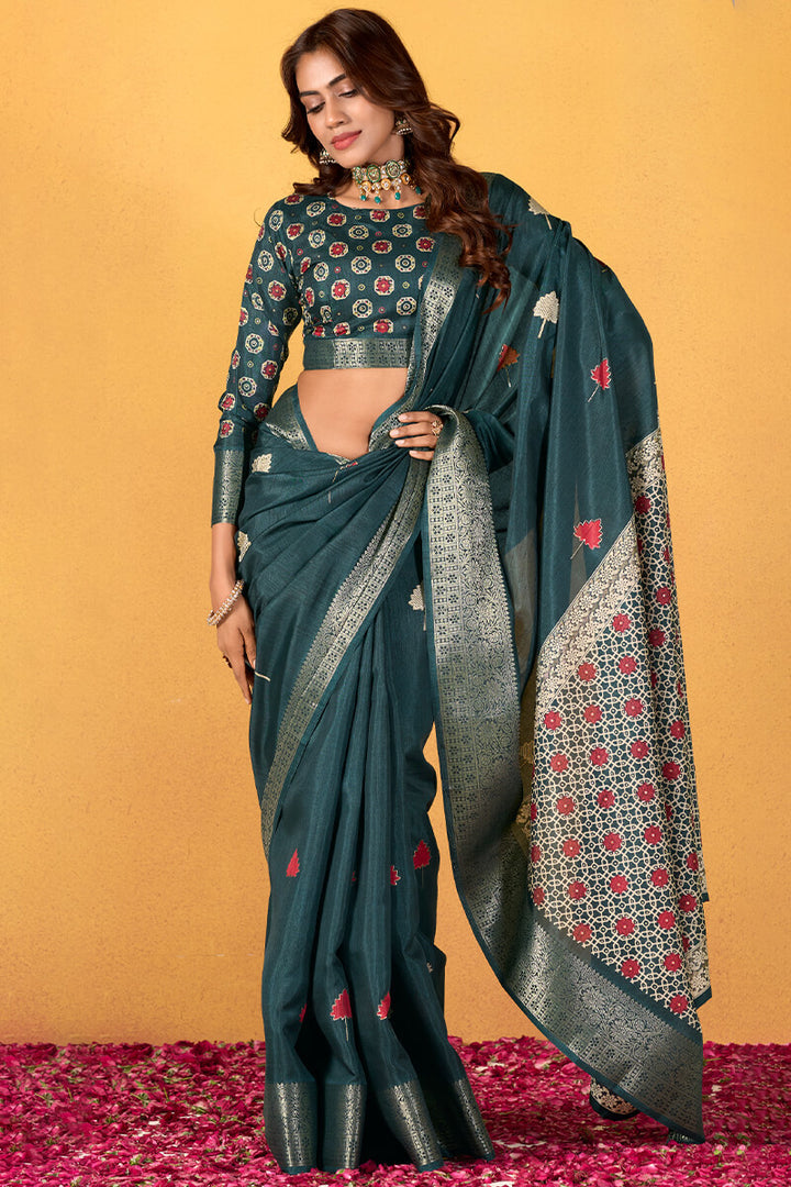 Peacock Green Foil Printed Pure Dola Silk Saree