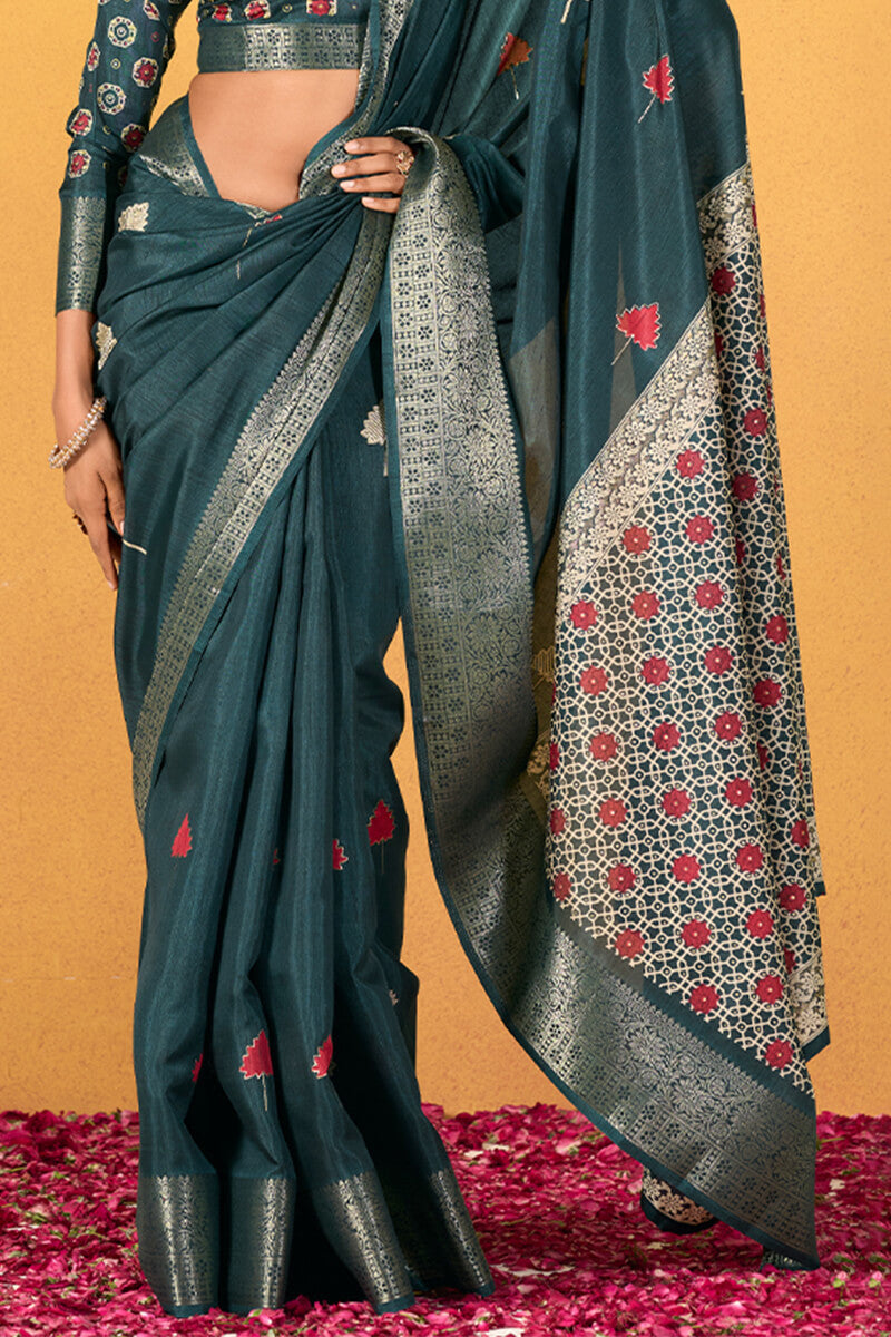 Peacock Green Foil Printed Pure Dola Silk Saree