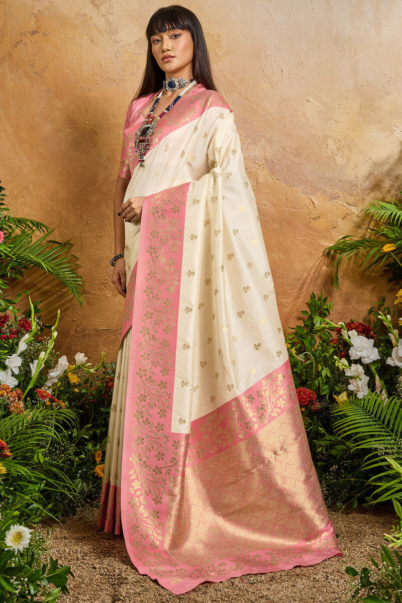 Pearl Beige Banarasi Silk Saree