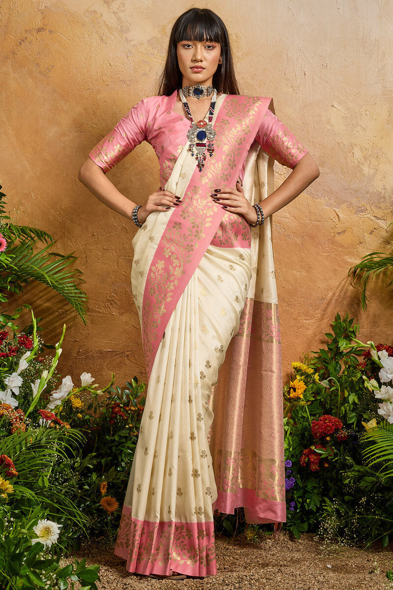 Pearl Beige Banarasi Silk Saree