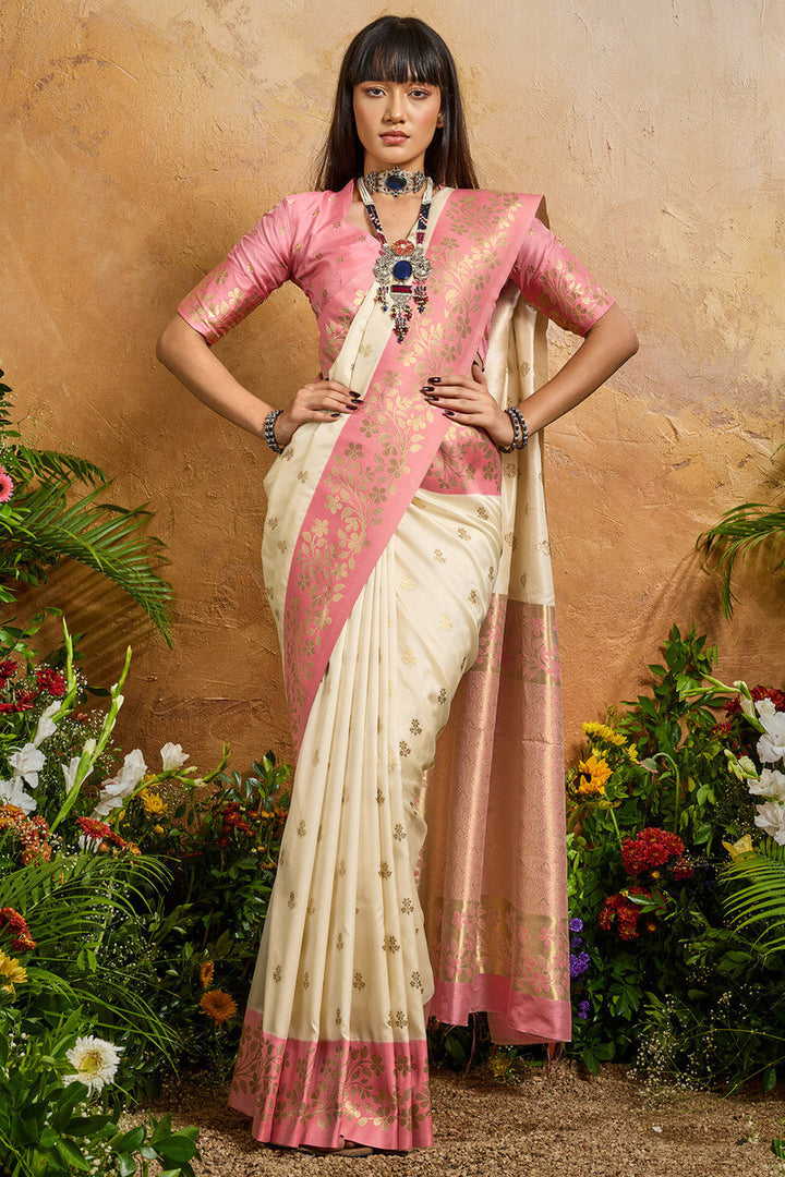 Pearl Beige Banarasi Silk Saree