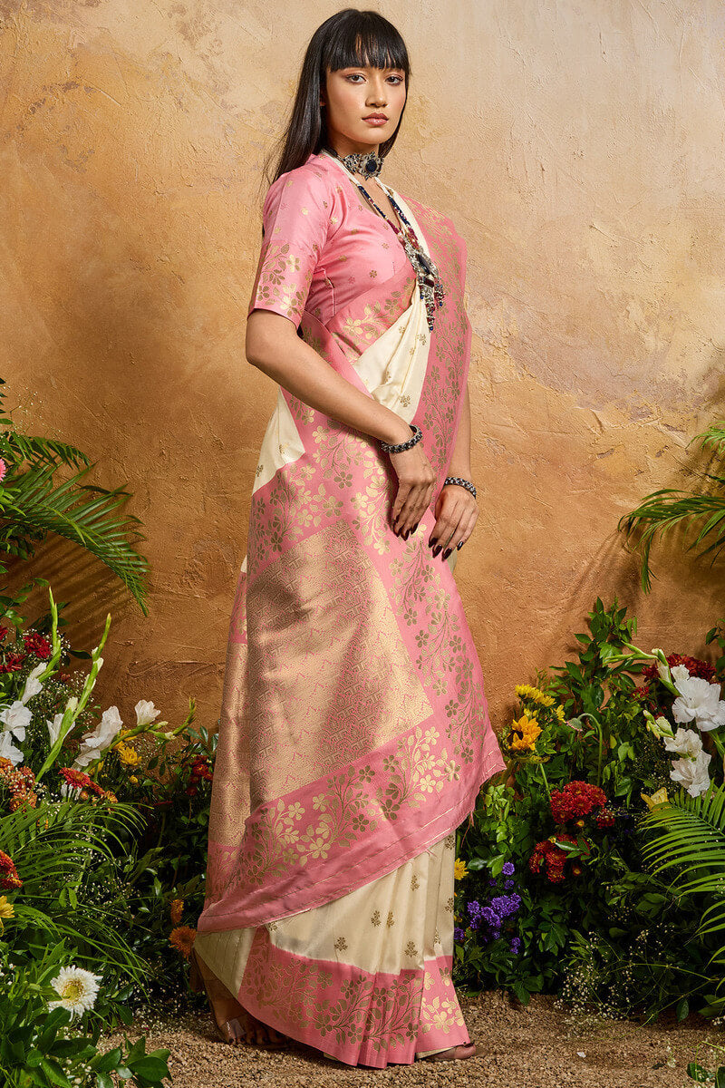 Pearl Beige Banarasi Silk Saree