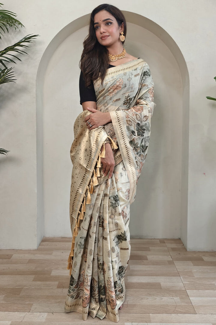 Pearl Beige Jamdani Woven Cotton Silk Saree