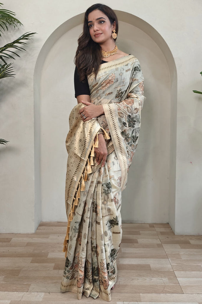 Pearl Beige Jamdani Woven Cotton Silk Saree