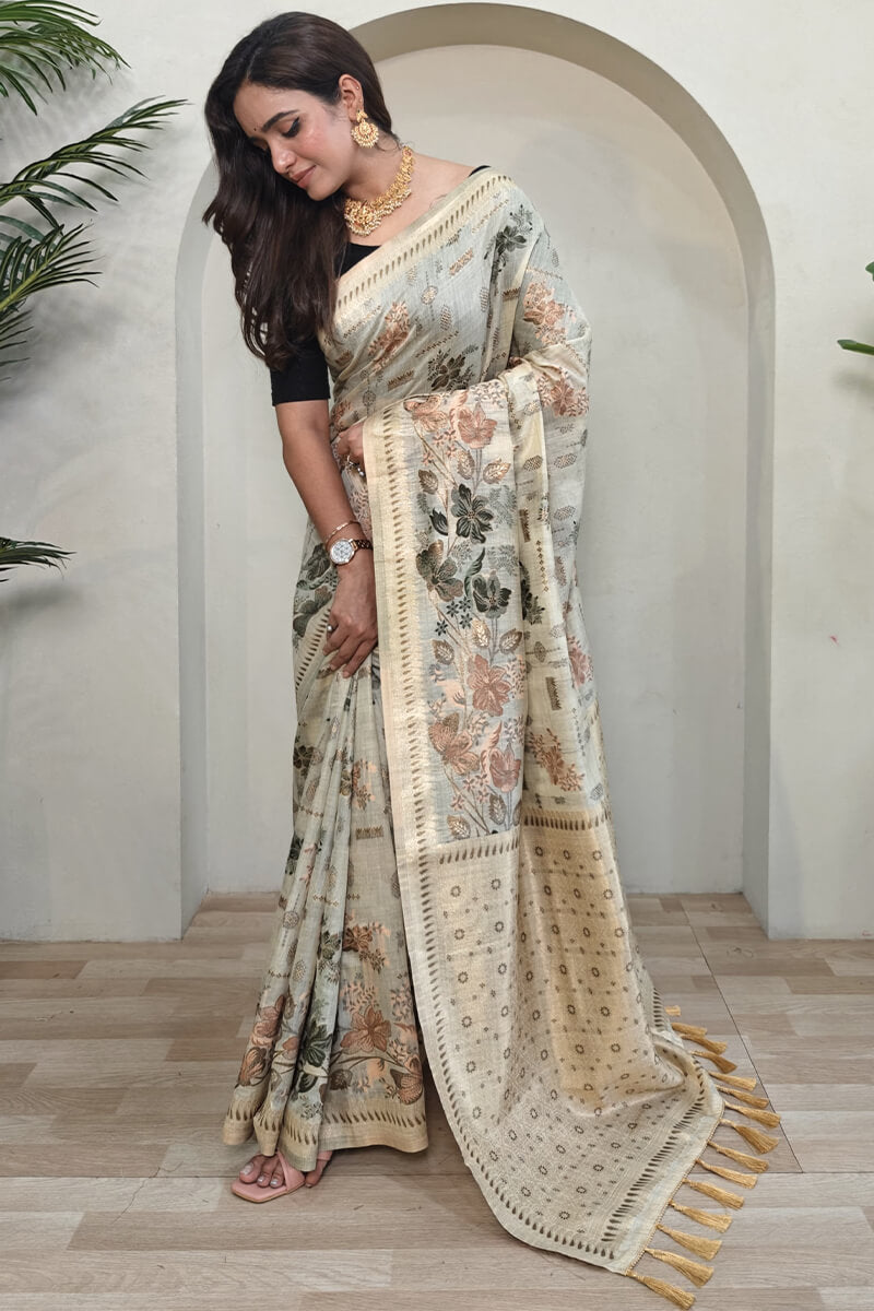 Pearl Beige Jamdani Woven Cotton Silk Saree