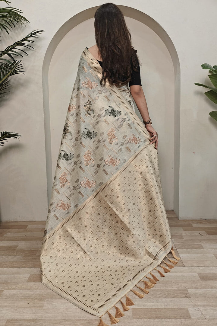 Pearl Beige Jamdani Woven Cotton Silk Saree
