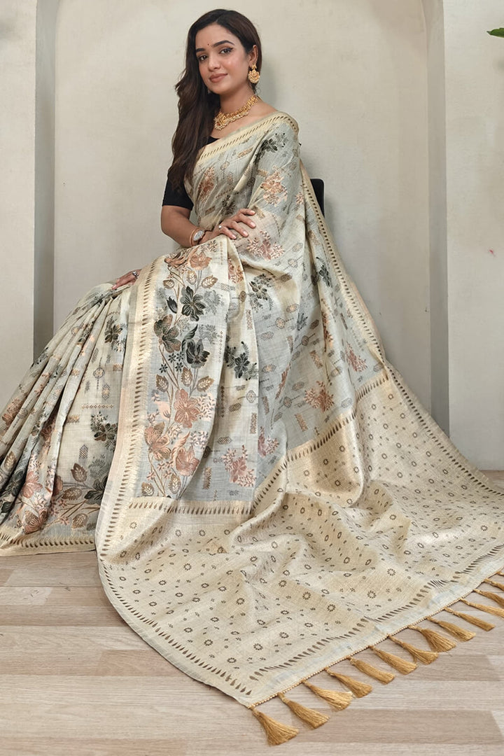 Pearl Beige Jamdani Woven Cotton Silk Saree
