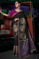 Pearl Black Pure Silk Saree With Fancy Lace Border and Embroidery Blouse