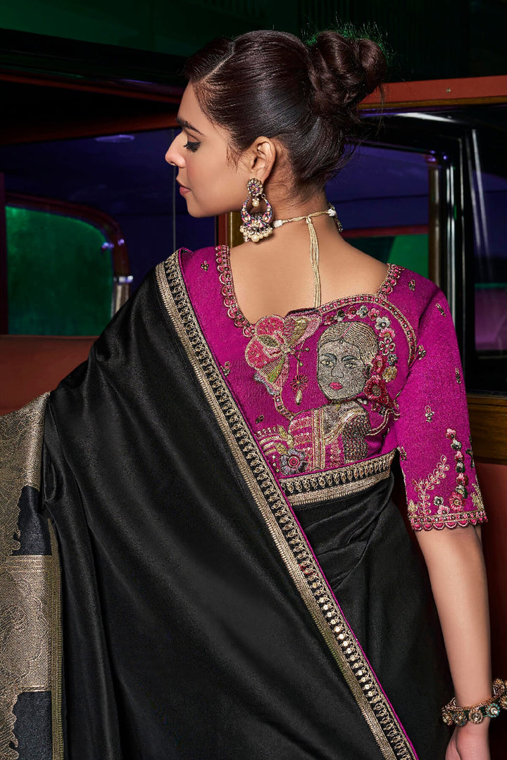 Pearl Black Pure Silk Saree With Fancy Lace Border and Embroidery Blouse