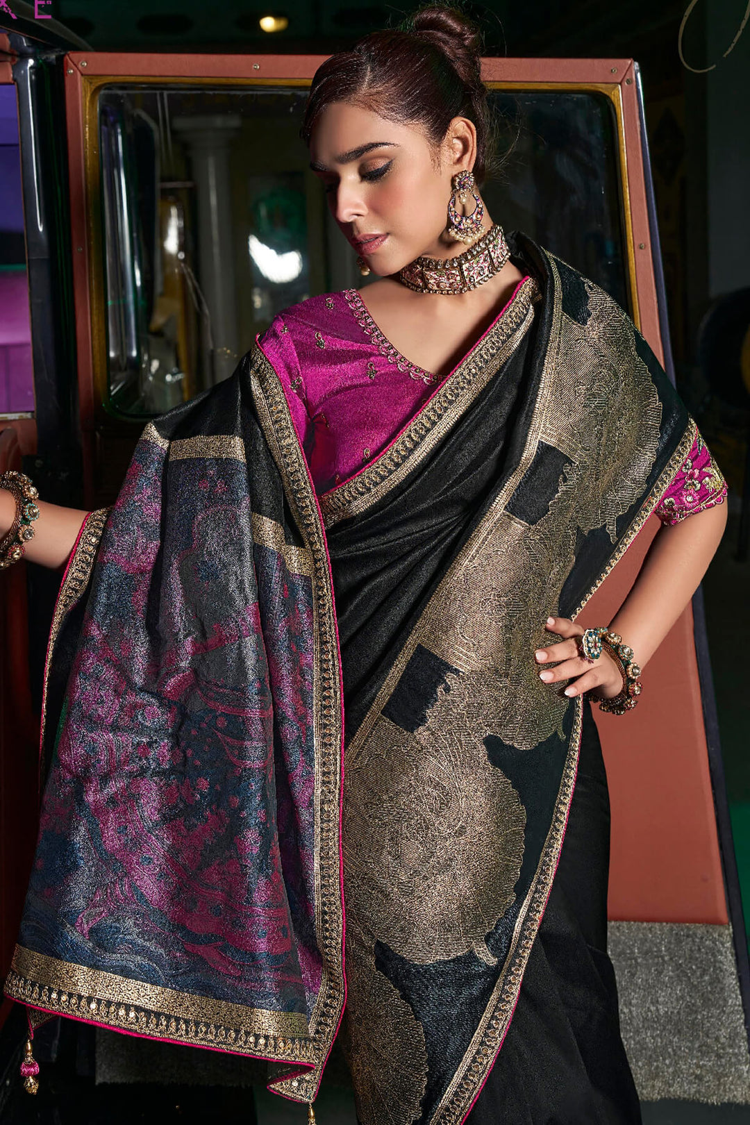 Pearl Black Pure Silk Saree With Fancy Lace Border and Embroidery Blouse