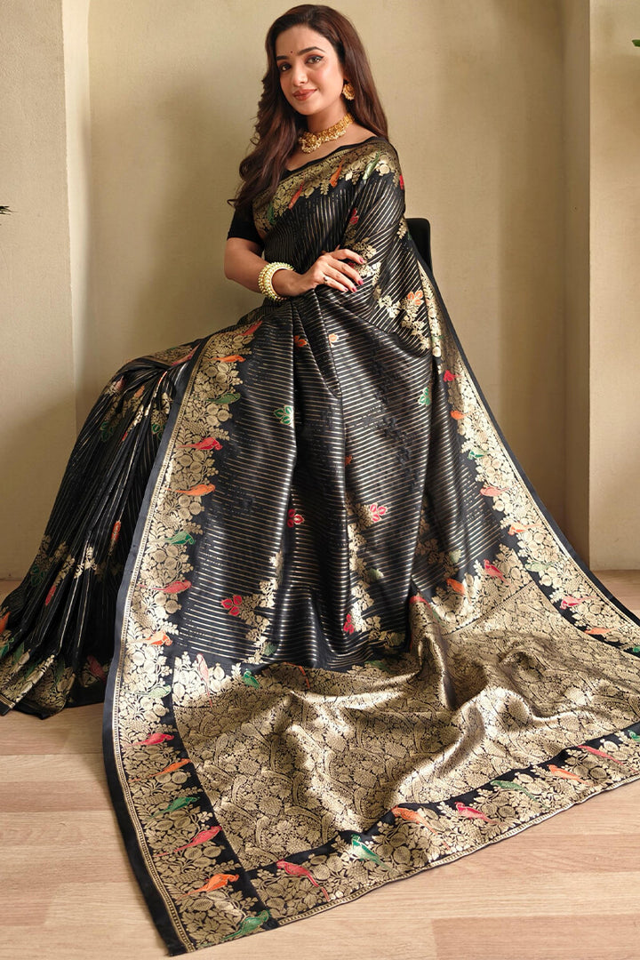 Pearl Black Zari Wiven Banarasi Satin Silk Saree