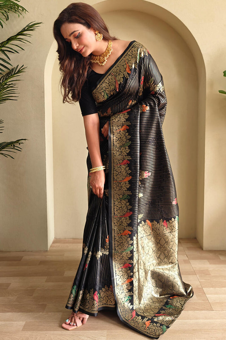 Pearl Black Zari Wiven Banarasi Satin Silk Saree