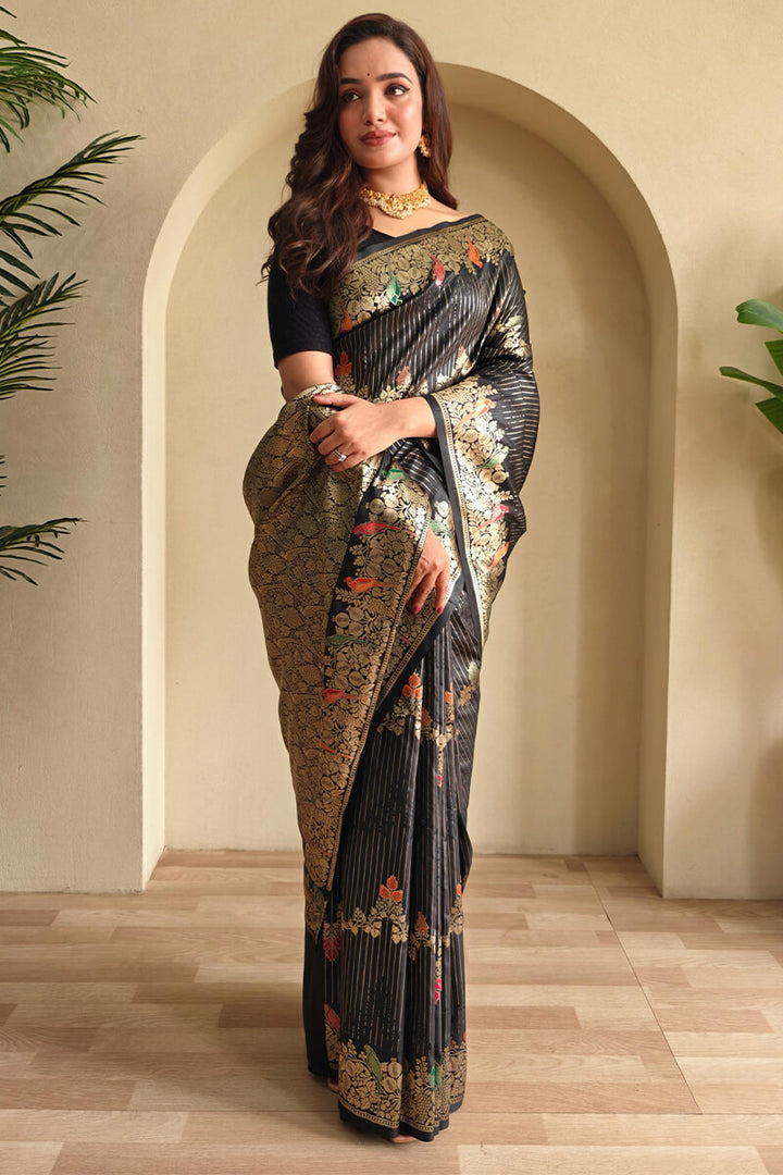 Pearl Black Zari Wiven Banarasi Satin Silk Saree