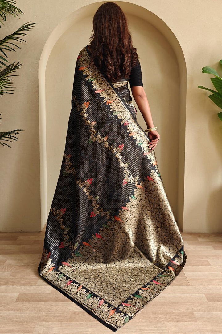 Pearl Black Zari Wiven Banarasi Satin Silk Saree
