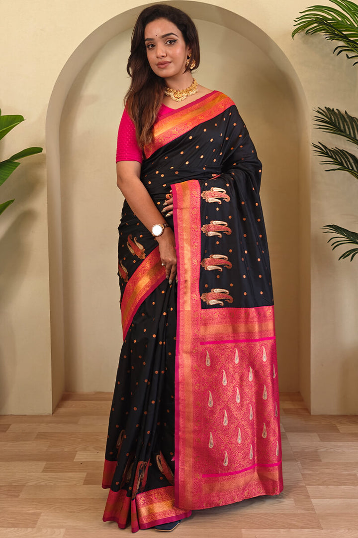 Pearl Black Zari Woven Banarasi Soft Silk Saree