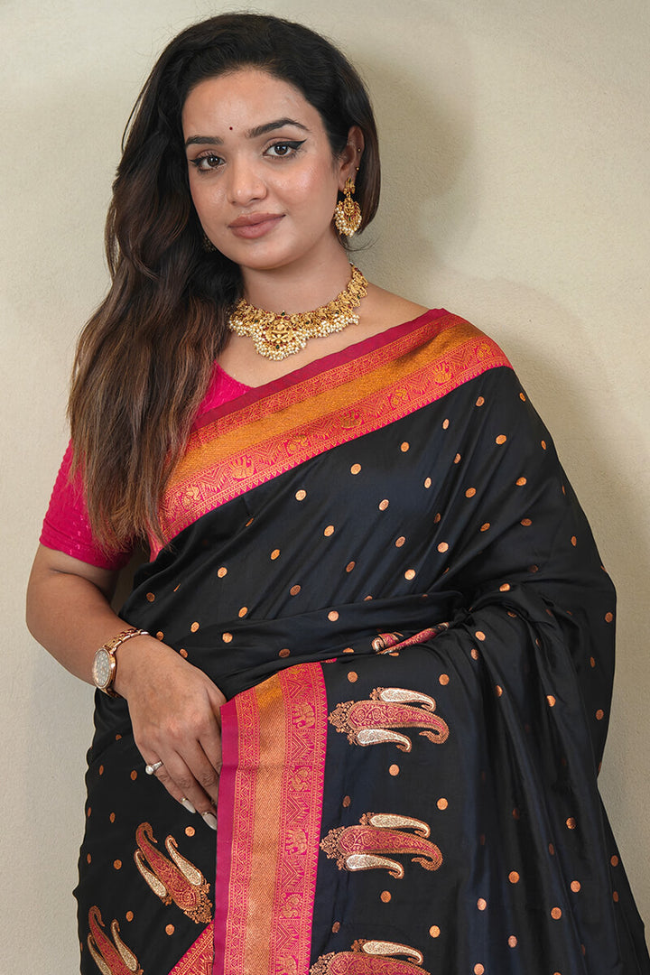 Pearl Black Zari Woven Banarasi Soft Silk Saree