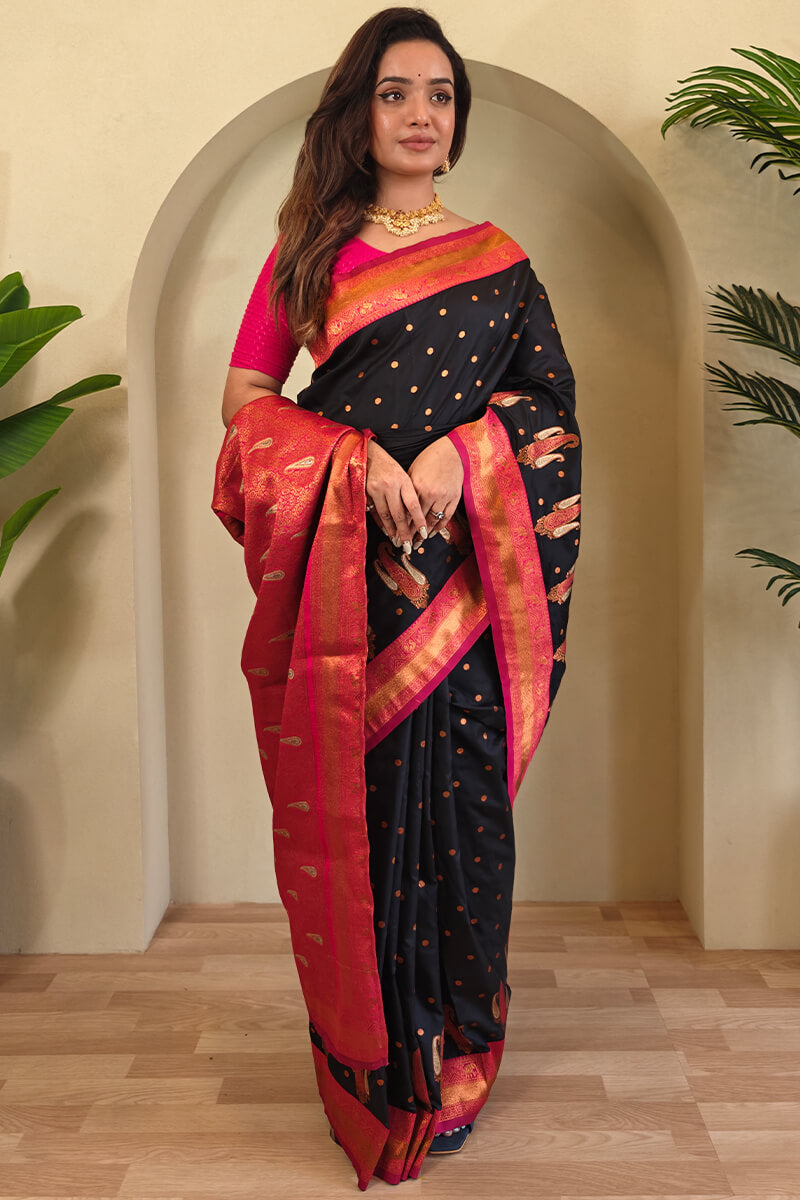 Pearl Black Zari Woven Banarasi Soft Silk Saree