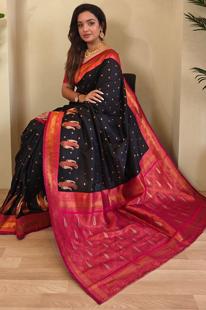 Pearl Black Zari Woven Banarasi Soft Silk Saree