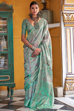Pearl Green Zari Woven Digital Printed Soft Cotton Silk Saree