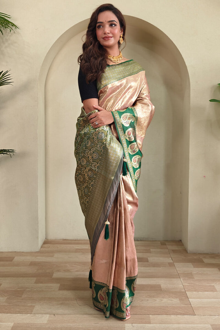 Pearl Peach Zari Woven Kanjivaram Silk Saree