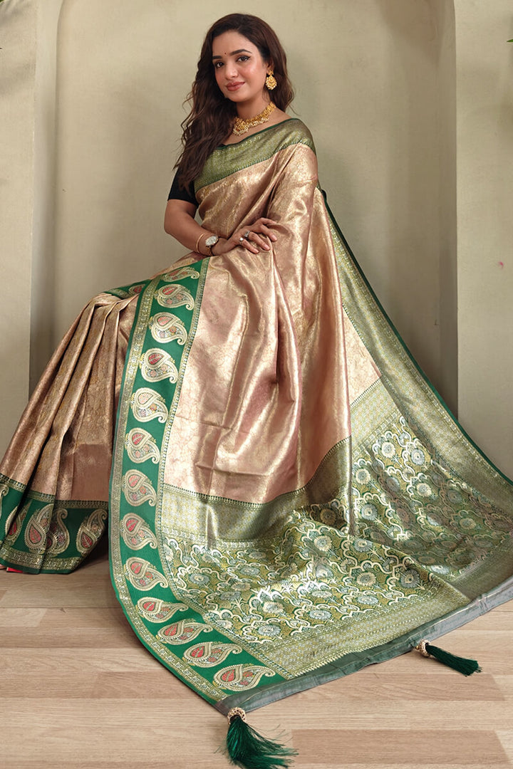 Pearl Peach Zari Woven Kanjivaram Silk Saree