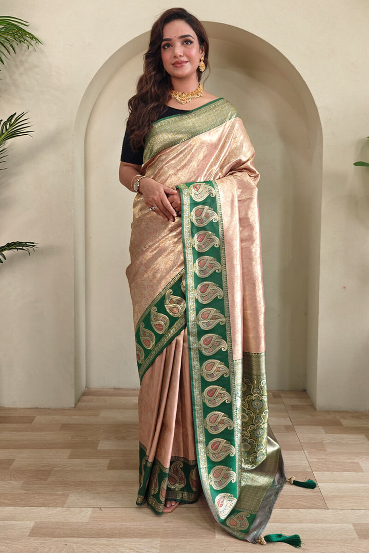 Pearl Peach Zari Woven Kanjivaram Silk Saree