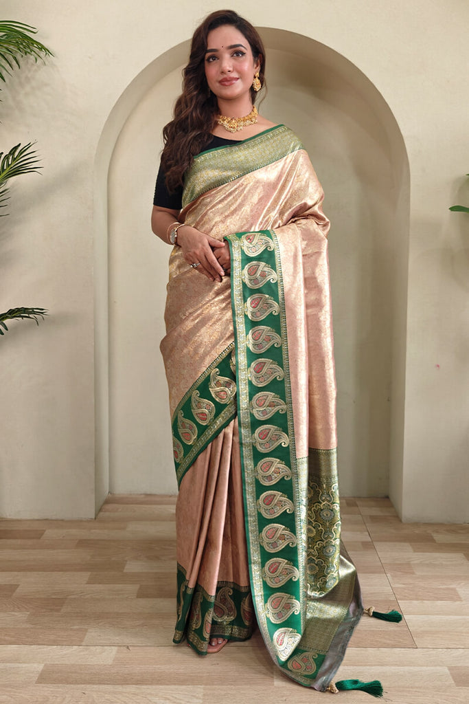 Pearl Peach Zari Woven Kanjivaram Silk Saree